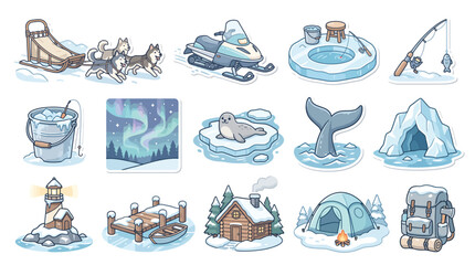A collection of cartoon-style winter and arctic icons including dog sled, snowmobile, ice fishing, northern lights, seal, whale, igloo, lighthouse, cabin, tent, and backpack. © Terra