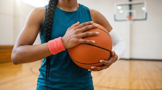 Hands Holding Basketball against chest by female player in empty gym applicable for athletic gear catalogs and active lifestyle posters