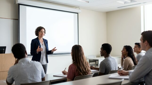 Female professor lecturing to a diverse group of college students in a modern classroom with a large projection screen.