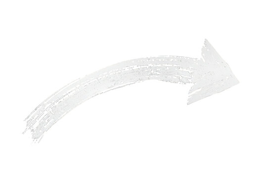 White chalk arrow pointing right, hand drawn grunge texture curve indicating direction or progress on transparent background