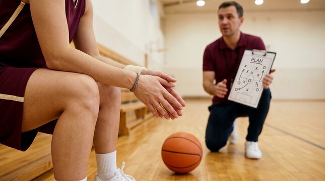Male Coach with Whiteboard Instructing Athlete sitting on floor explaining match strategy applicable for professional training courses and athletic teamwork sites