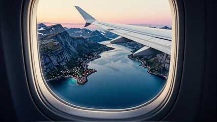 Fototapeta premium Aerial view of scenic mountains and fjord from airplane window