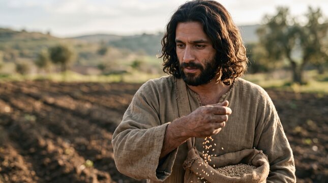 Man sowing seeds in a field. Biblical parable of the sower depicted by a man dressed in historical clothes scattering grain. Religious teaching and spiritual growth concept in nature.