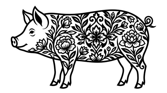 Pig with floral design on body.