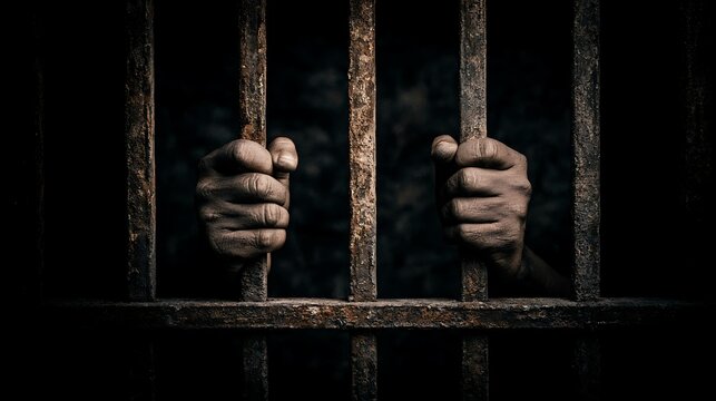 Hands holding metal prison bars in a dark cell