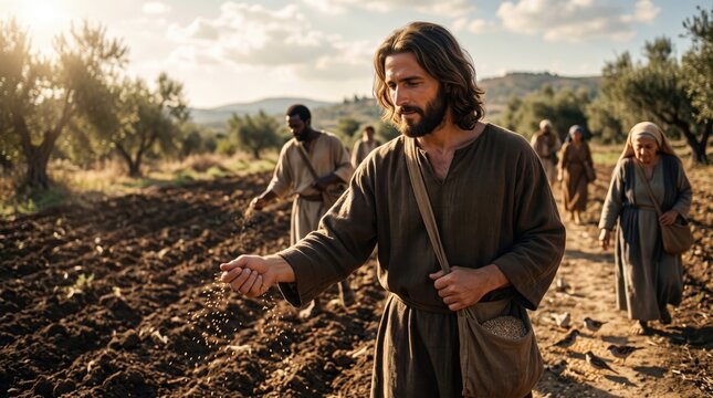 Religious scene depicting Jesus as a sower scattering seeds in a field. Biblical parable of the sower from the gospel. Spiritual concept of faith, growth, agriculture and teachings.
