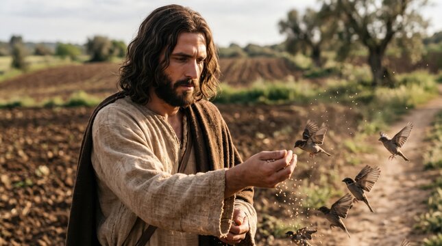 Man dressed in biblical robe scattering grain for birds in a field. Ancient historical scene representing the parable of the sower from the Bible. Spiritual religious teaching concept.