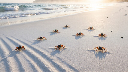 Obraz premium A colony of small crabs makes its way across a sun-kissed white sand beach