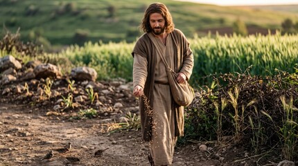 Fototapeta premium Man farmer sowing seeds in biblical landscape. Concept of parable of sower from the Bible. Ancient historical reenactment showing person throwing grain on field with bird nearby.