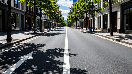 Fototapeta premium Empty Urban Street with Green Trees and Road Markings