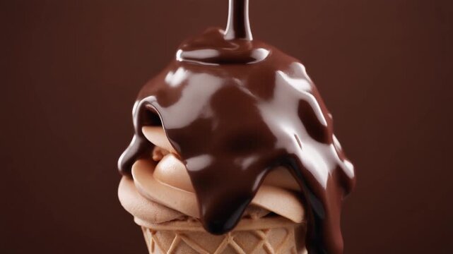 Slow motion video of rich chocolate sauce drizzling elegantly onto a soft serve ice cream swirl