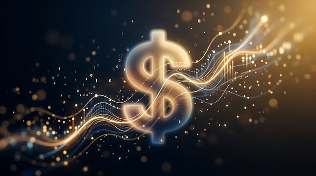 Glowing dollar sign icon with digital data streams in dark background