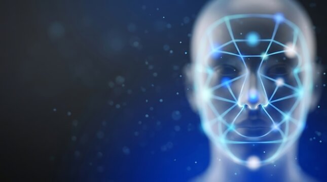 Digital facial recognition scan on human silhouette in dark background