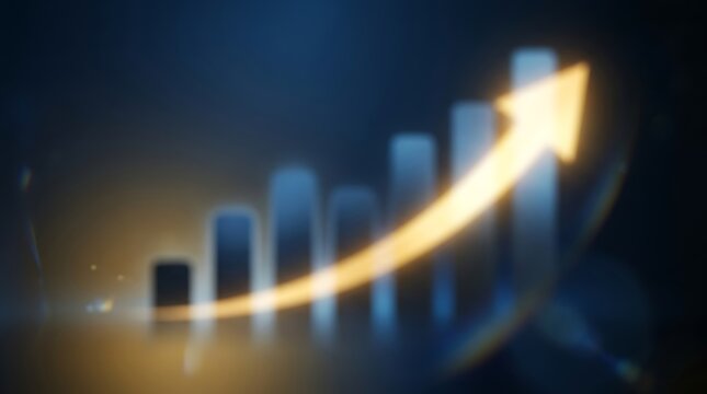 Glowing financial bar chart with upward arrow in digital space