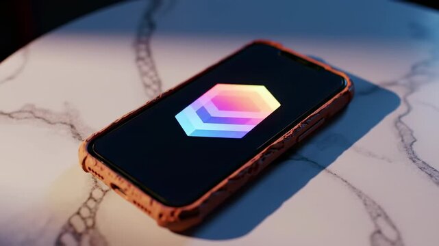 Smartphone with a vibrant, abstract hexagonal logo displayed on its screen, set against a marble surface with soft lighting, digital technology, modern app interface