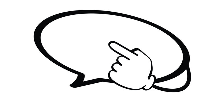 Cartoon speech bubble with hand pointing to ballon. Point comic. Hand pointing upwards like an index finger or a check gesture. Ideas label. Talk bubble or  bubble concept. Thumbs stop.