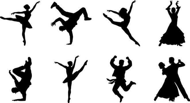 Dance silhouettes featuring ballet breakdance contemporary folk and ballroom styles vector illustration