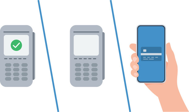 Contactless Payment Process With POS Terminal, Card Reader, Smartphone Digital Wallet, NFC Mobile Transaction, Cashless Checkout, Financial Technology Illustration Isolated on Transparent Background.