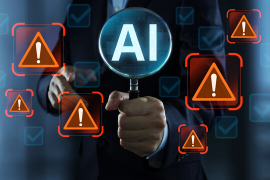 AI detecting network anomalies and cybersecurity threats. Automated security system identifying vulnerabilities and suspicious activities. Businessman holding magnifying glass.