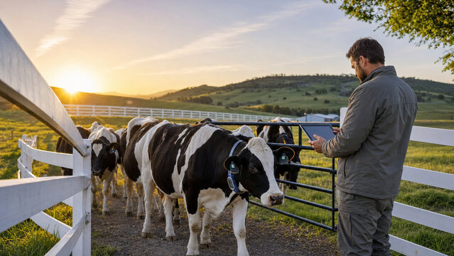 Farmer using a tablet to monitor dairy cows at a rural gate during golden hour, showing modern livestock management and agriculture technology.