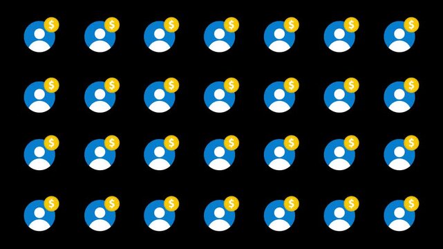 User Profile and Dollar Coin Seamless Pattern. Rows of blue user profile avatar icons, each with a small yellow dollar sign coin badge. 2D motion graphics in 4K resolution with alpha channel