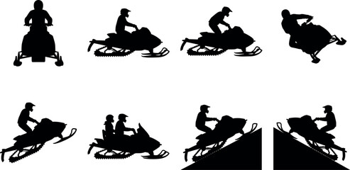 Obraz premium Snowmobile silhouette set featuring riders in various action poses and winter extreme sports icons isolated on white background