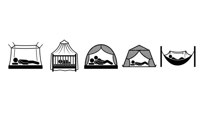 Black sleeping arrangement icons set featuring canopy bed, crib, dome tent, triangular tent, hammock, indoor and outdoor rest symbols