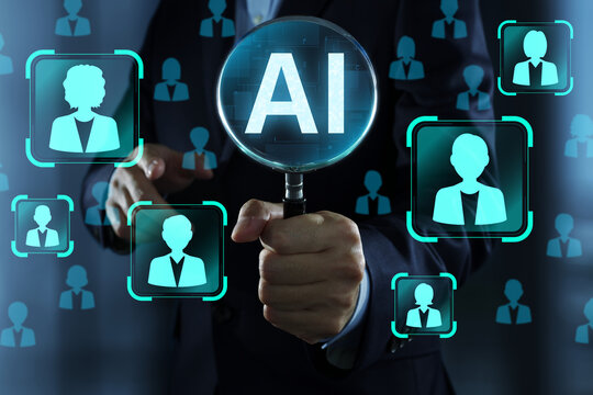 AI powered recruitment system screening job applicants and identifying qualified candidates efficiently. HR manager using talent acquisition tools to improve hiring decisions. 