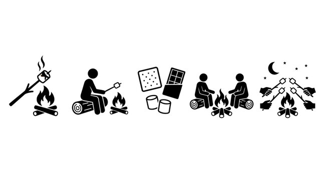 Black camping and s&rsquo;mores icons set featuring marshmallow roasting, campfire, ingredients, people sitting, group gathering, night outdoor activity