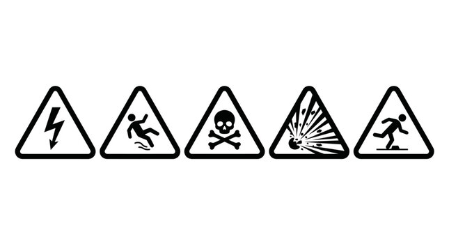 Black triangular hazard warning icons set featuring electrical danger, slippery surface, toxic materials, explosion risk, tripping hazard safety symbols