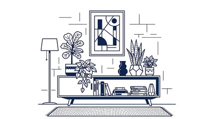 Fototapeta premium Modern Living Room Decor: Artwork, Plants, Bookshelf, Lamp