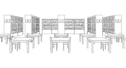 Library Interior With Tables And Bookshelves Black Line Drawing © Bristy