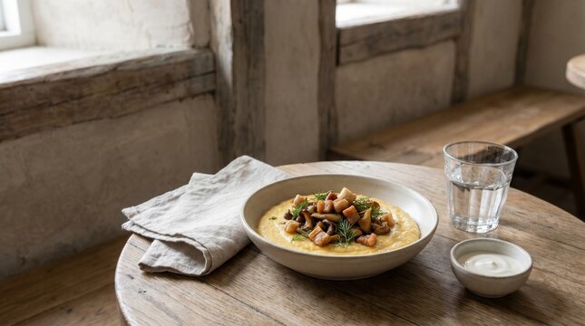 Banosh Cafe Table Scene with Earthy Ceramics Cheese and Rustic Garnish