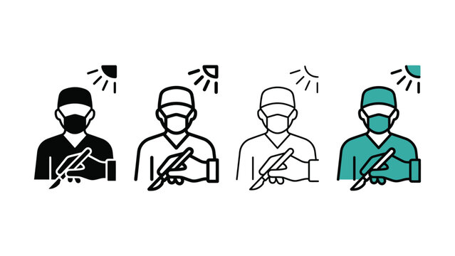 Four surgeon icons in varying color schemes depict medical professionals wearing masks and scrubs in a flat style