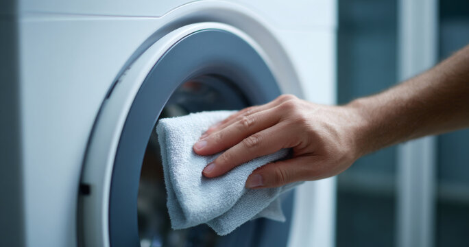Hand cleaning washing machine door with cloth
