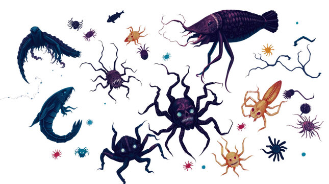 Creatures of the Mysterious Deep Sea Swimming in Dark Abyss