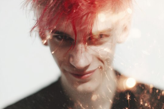 Rebel trickster portrait with bright red hair and sly smile with spark light effects for edgy background and banner design