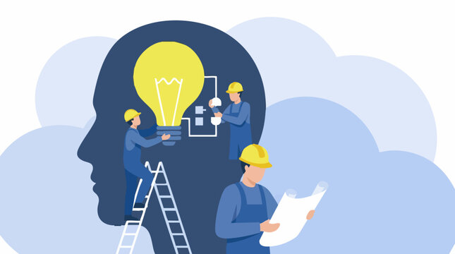 Innovation and Idea Generation: Engineers Developing a Lightbulb Concept in a Head