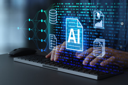 AI analysis and business document generation using LLMs. Neural networks and machine learning. Man processing business information and files on a desktop computer.