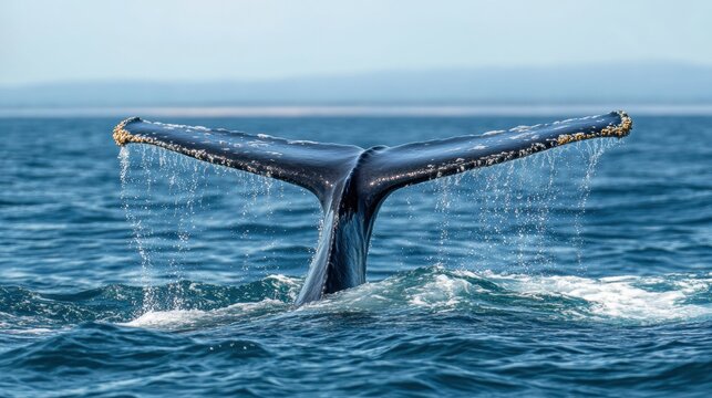Whale tail fluke in ocean water with droplets falling off
