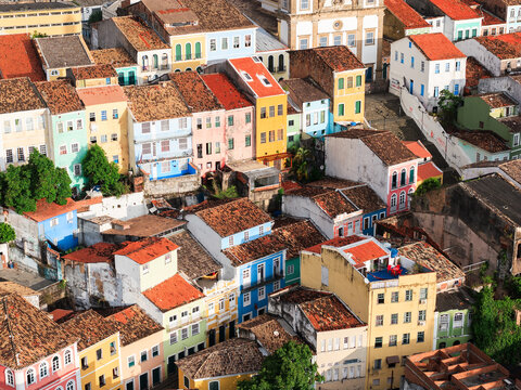 Aerial view of densely packed colorful colonial houses, Salvador, Bahia, Brazil