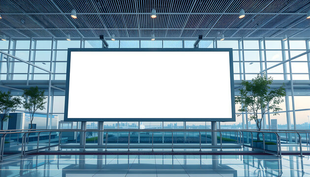 Blank advertising billboard in the Airport with path, one line art. White tone
