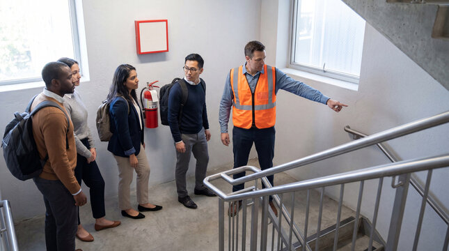 Floor warden guiding orderly stairwell evacuation drill in office building