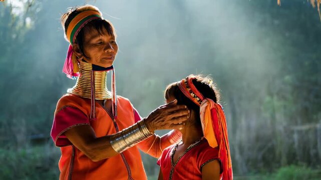 Older indigenous woman with brass neck rings adjusts a young girl's traditional headdress in a bright sunlit village representing cultural heritage preservation and indigenous traditions