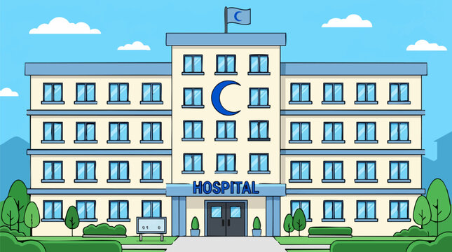 Cartoon hospital building with crescent moon symbol and 'Care & Compassion' sign