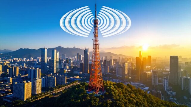 A communications tower transmits signals over a cityscape at sunrise