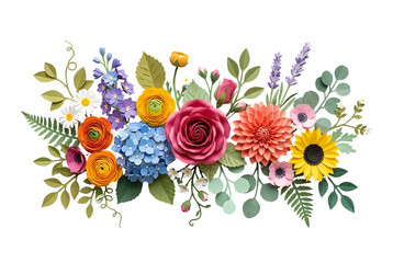 Fototapeta premium Colorful paper flower bouquet arrangement, roses sunflower hydrangea daisy lavender monstera leaves on white floral design