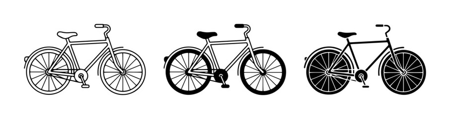 Fototapeta premium 3 Bicycle Icons Outline Silhouette Flat Style for Transportation and Sport
