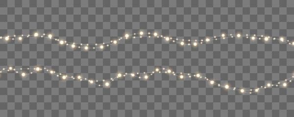 Beautiful winter garland sparkles with bright decorative bulbs isolated in transparent PNG format. Gentle light creates joyful seasonal mood. Excellent for greeting cards and posters. © Alexei