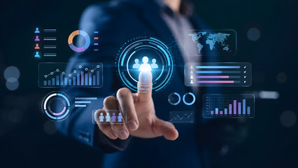 Fototapeta premium Business Professional Interacting with Digital Data Visualization Interface – Charts, Graphs, Map, People, Analytics, Metrics, Business, Networking, Technology, Transformation